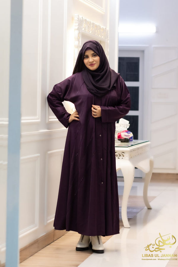 ABAYA Dark Purple Abaya – Cross Pintex Design with Black Nuggets* | Elegant & Unique
