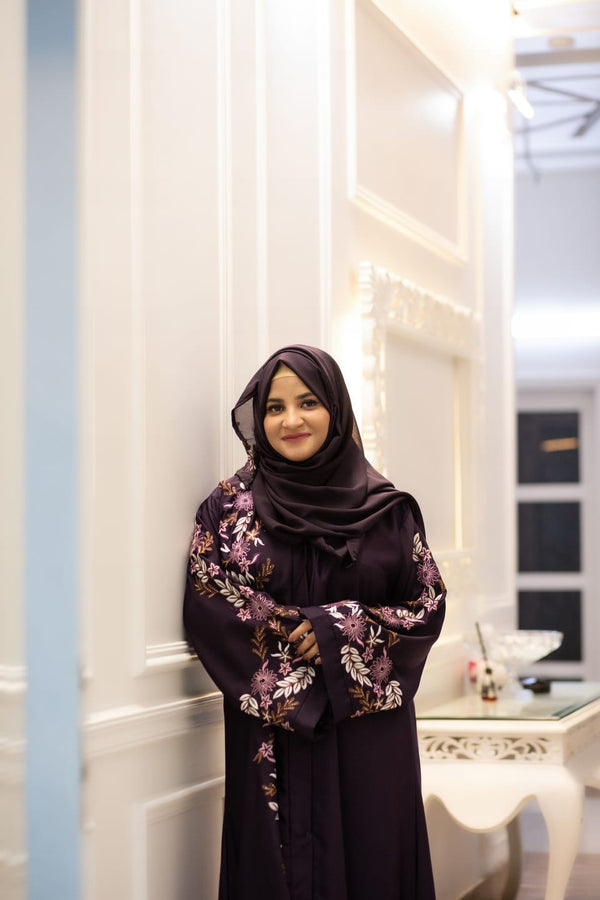 ABAYA Floral Embroidered Abaya – Purple Elegance | Chinese Nida Fabric with Dupatta*